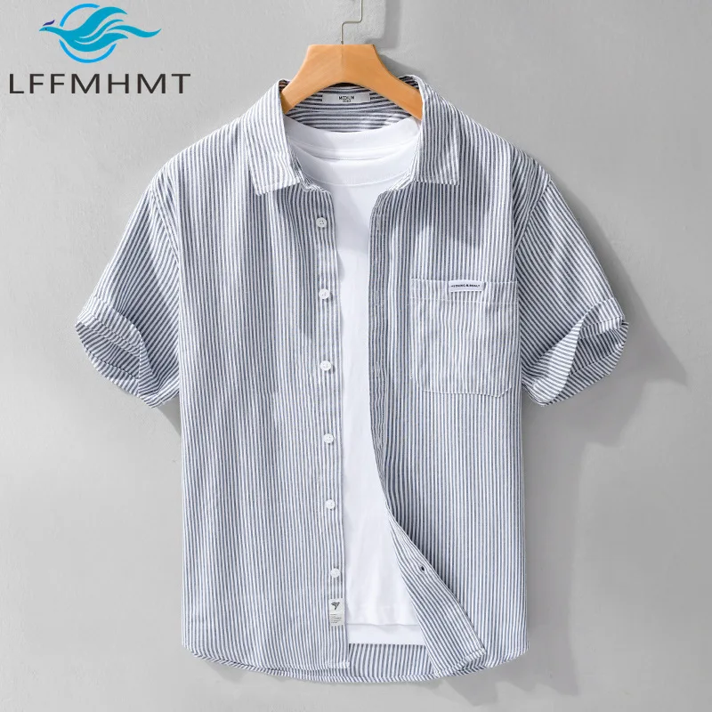 

211 Striped Shirt For Men Summer Fashion Short Sleeve Simple Classical Lapel Blouse Teens Japan Style New Trendy Daily Tops Male