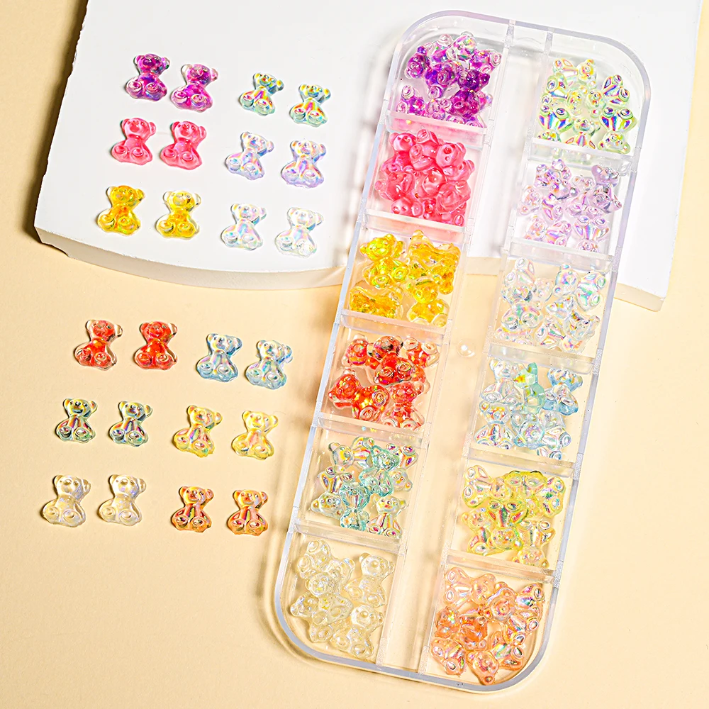 60Pcs-120Pcs Aurora Kawaii Bear 3D Nail Charms 7/9/11mm Mixed Resin AB Bear Nail Art Decor DIY Crystal Aurora Bear Manicure Part