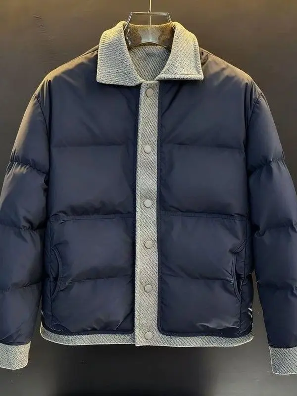 

Thiened Warmth Men's Jaet Collar Overcoat Faionable Splicing Design Cotton Polyester Fiber Stand Version Casual Wear