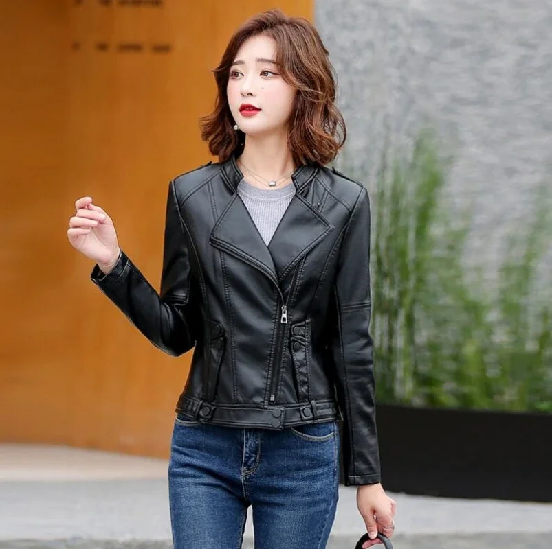 New Women Leather Jacket Spring 2023 Cool Fashion Moto&Biker Style Outerwear Stand Collar Short Leather PU Coat