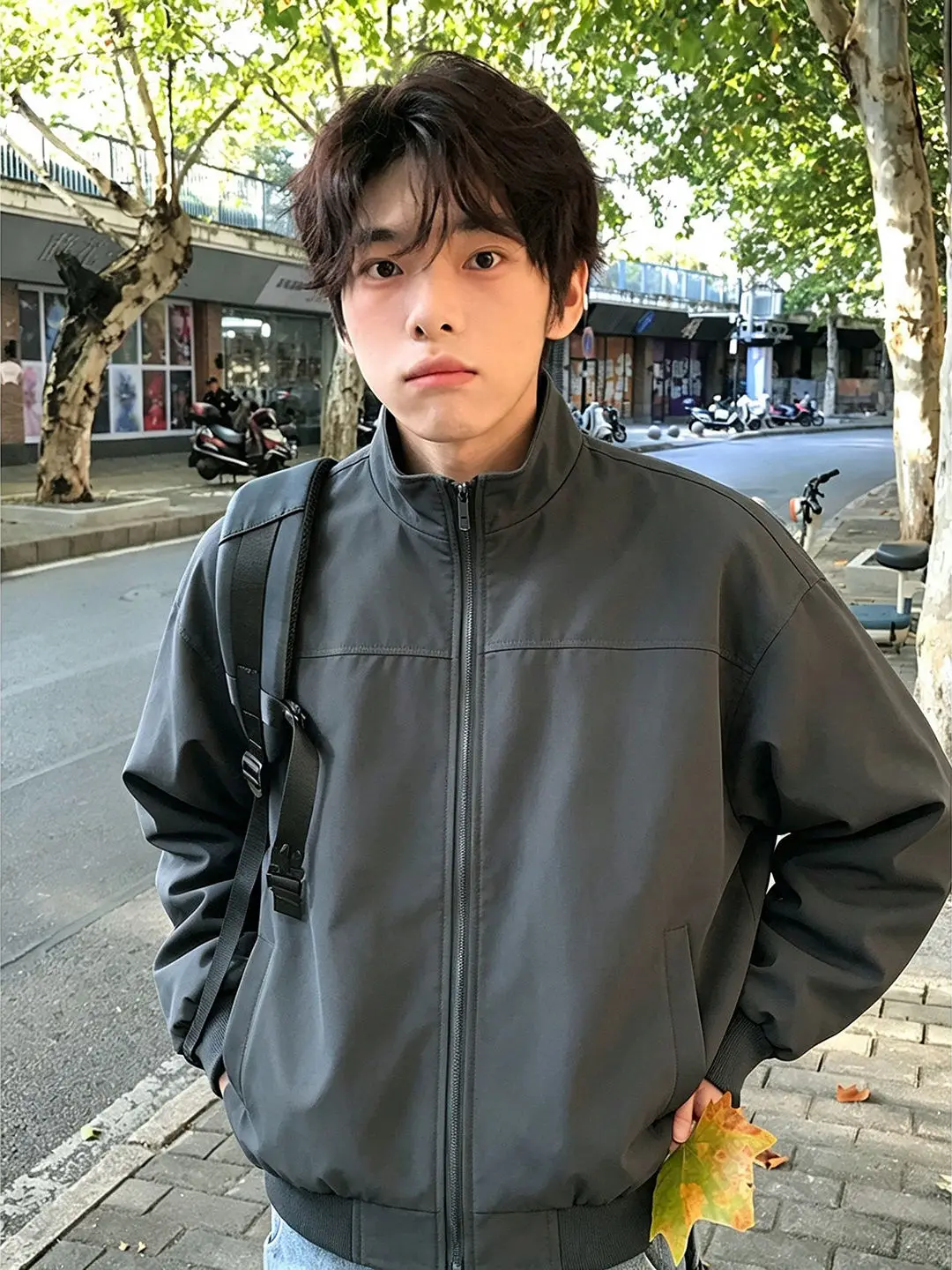 Grey Short Flight Padded Shoulder Jacket Men's Autumn Cleanfit Stand Collar Zipper Coat Casual Style Long Sleeve Outerwear