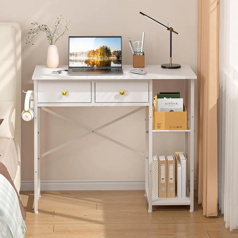 

White Computer Desk, 36 Inch Small Desk with Ders, Home Oice Desk with Storage Shelves or Bedroom, Living Room, Dorm, Vanity Des