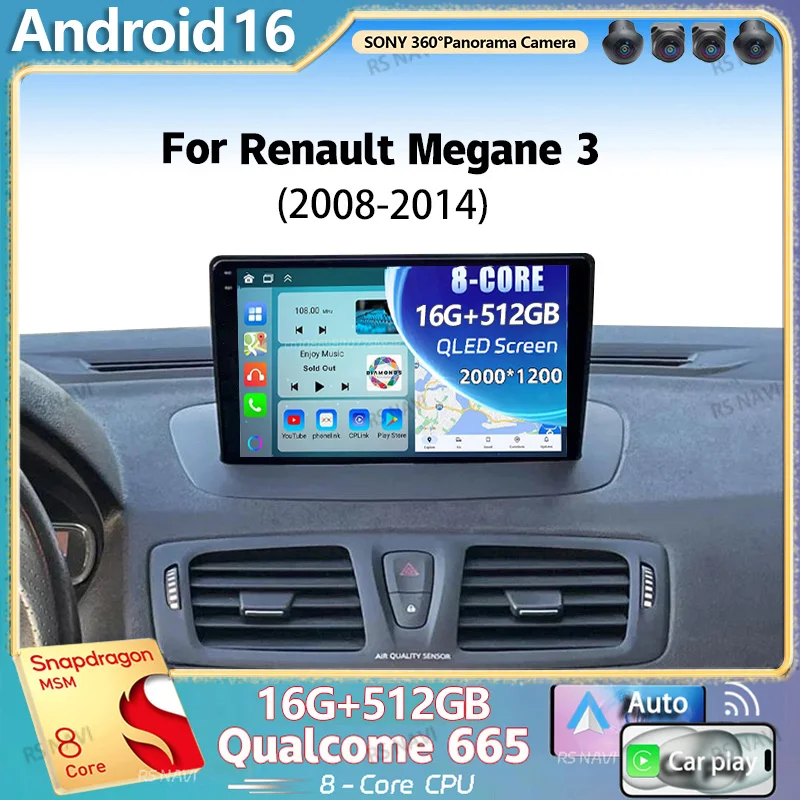 Android 16 For Renault Megane 3 2008 - 2014 2K QLED Android Car Radio Multimedia Video Player GPS AI Voice CarPlay 4G Stereo