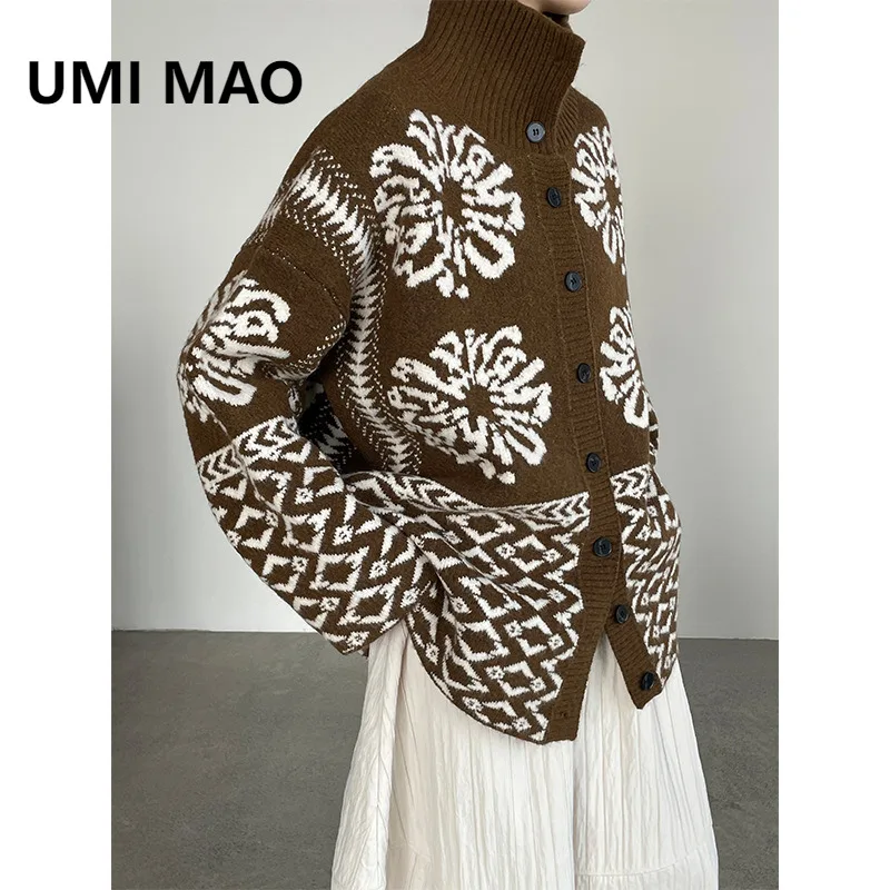 

UMI MAO Fashion Tops Women Turn-Down Collar Fair Isle Sweater Coat For Women Winter Thick Loose Top Femme