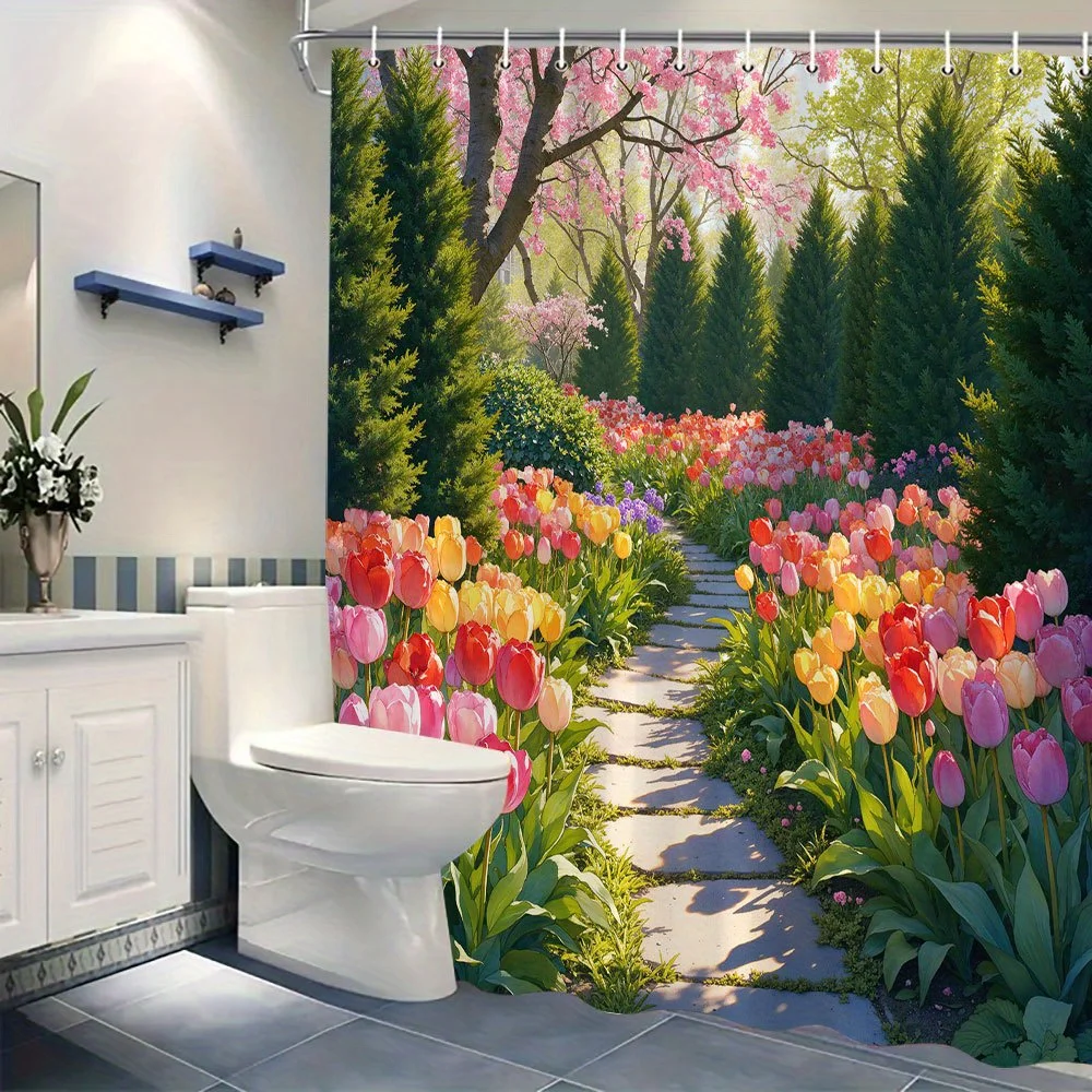 Watercolor Spring Garden Tulip Shower Curtain Polyester Waterproof Bathroom Home Decor Floral Blossoms Nature Woodland Cottage A