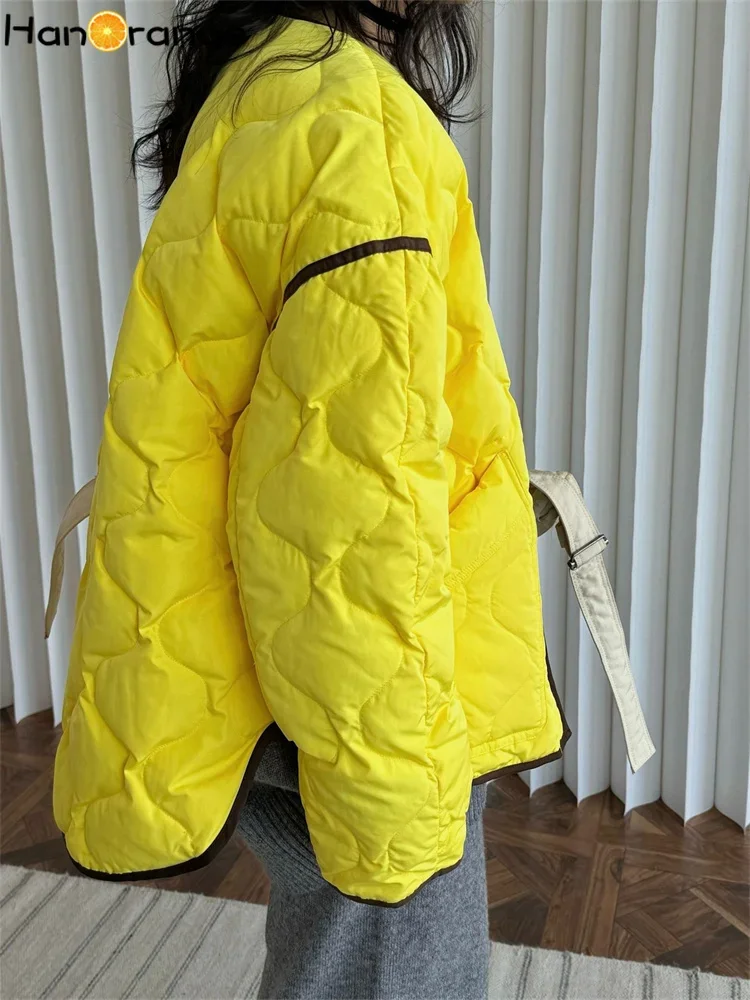 HanOrange 2024 Winter Fashion Contrasting Jacket Women 90% Duck Down Warm Comfortable Cotton-Padded Jacket Yellow/Smog Blue