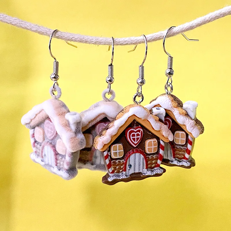 1 Pair Resin Flocking Snow House Drop Earrings For Women Friend Gift Fluffy Cute Love Heart Castle Pendant Eardrops Jewelry