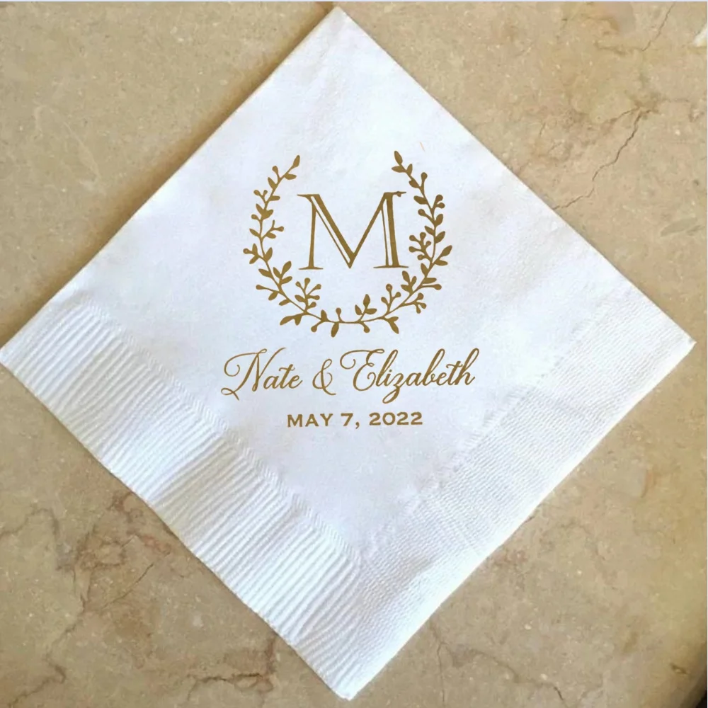 

Interlocking Monogram Wedding Cocktail Napkins, Engagement Party Napkins, Rehearsal Dinner Beverage Napkins, Gold Foil