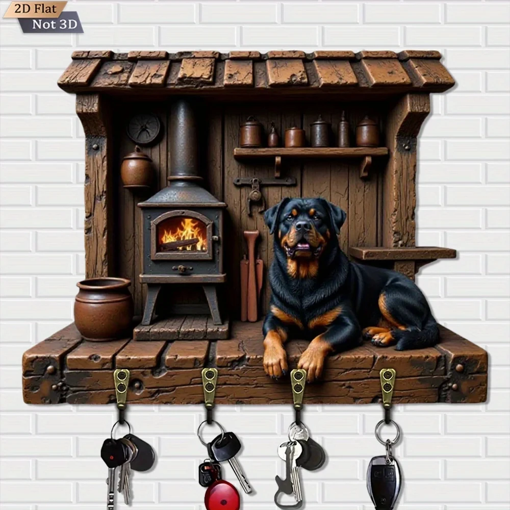 2D Flat, 1pc, Rottweiler Log Cabin Fireplace - Shaped Wooden Multi-Functional Home Key Hook Rack, with Four Metal Hooks, Wall