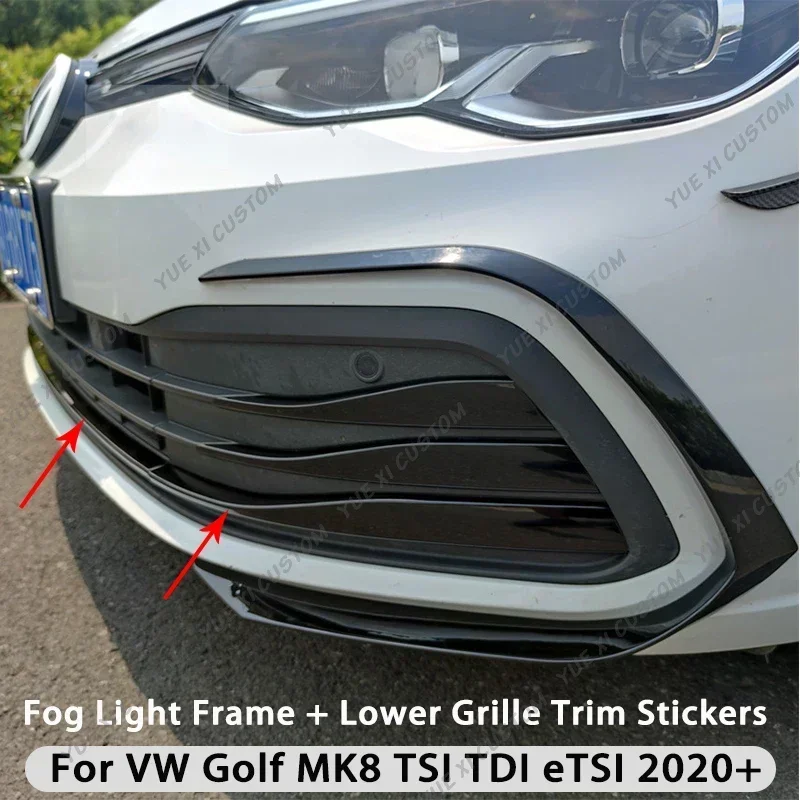 

For VW Golf MK8 Golf 8 2020-2023 Car Front Bumper Mesh Foglight & Lower Grille Grill Moulding Strips 7 Pcs Glossy Black Bodykits