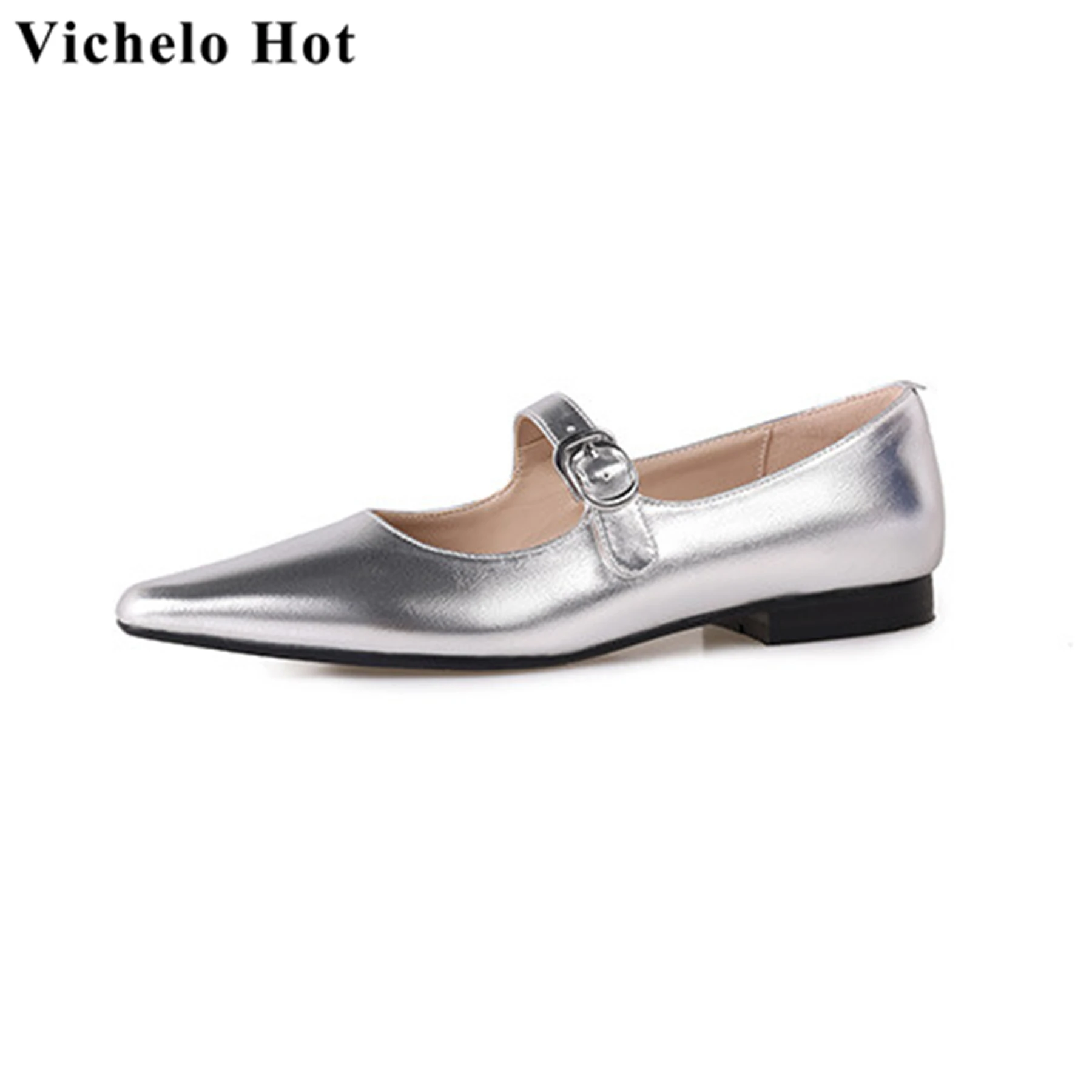 

Vichelo Hot Cow Leather Buckle Strap Pointed Toe Mary Janes Shallow Chunky Heels Spring Autumn Shoes Elegant Sexy Women Pumps