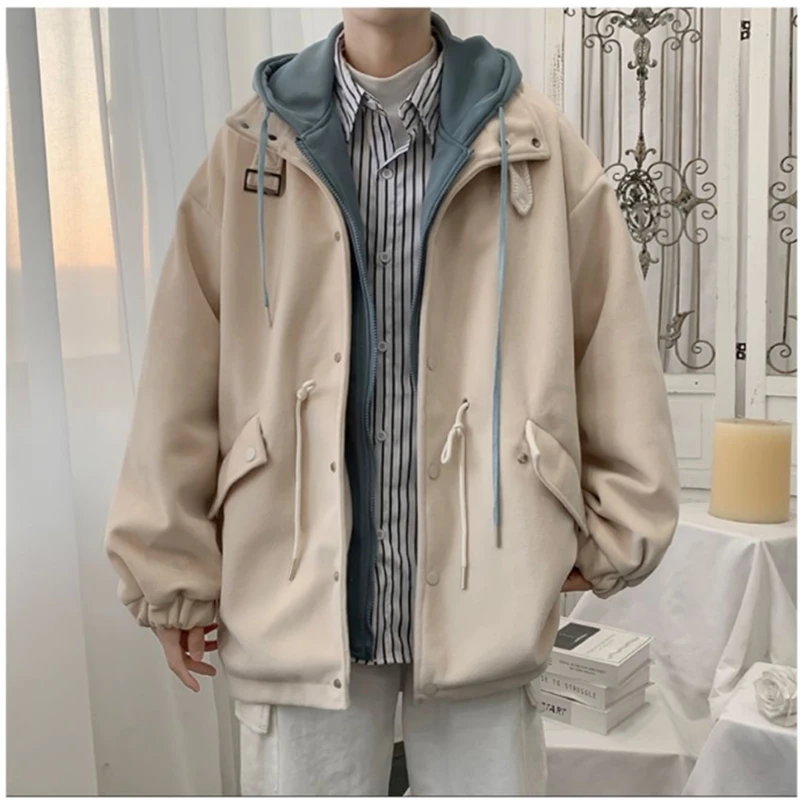 

Men's Woolen Jacket Fake Two Piece Coats Hoodie Loose Zipper Hooded Coat