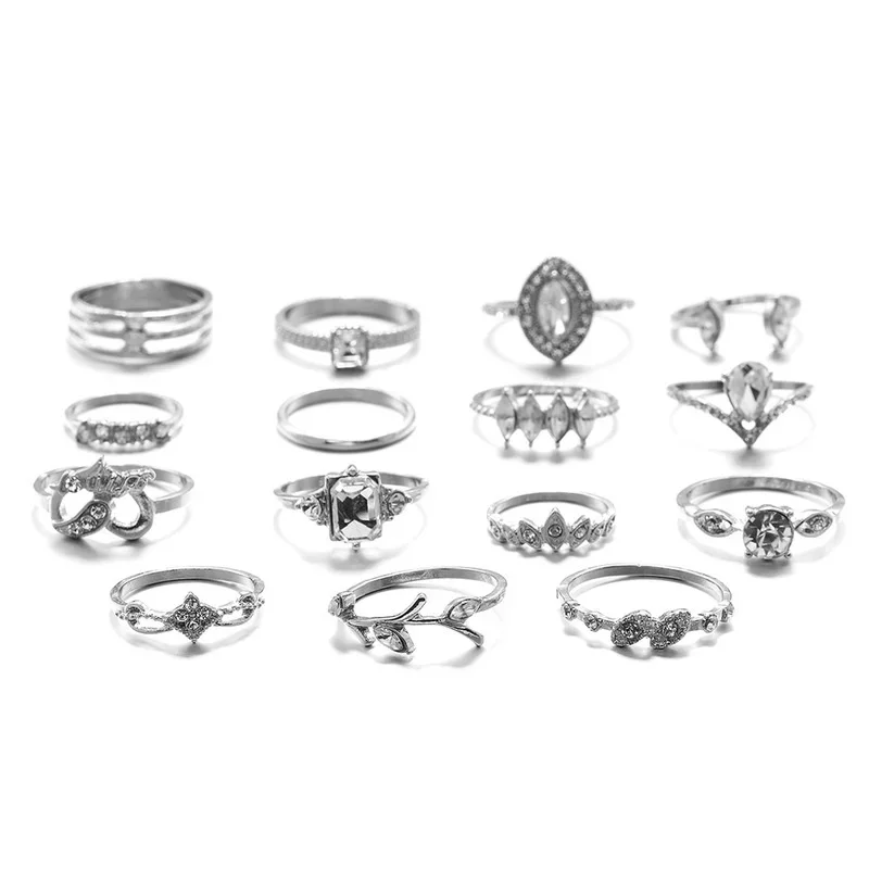 Delysia King 15pcs Bohemian Style Ladies Metal Joint Ring Set Leaves Fashion Crystal Water Droplets Rings