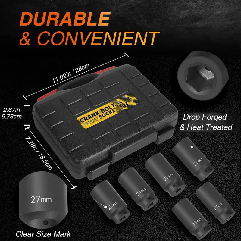 Crank Bolt Socket Set, 17MM, 19MM, 21MM, 22MM, 24MM, 27MM, Harmonic Balancer Socket Set, 1/2-Inch Metric Deep Impack Socket Set