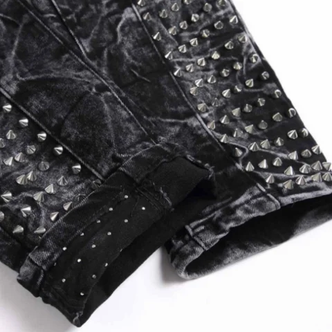 2025 new retro punk high street trendy rivet design black slim fit buckle men's jeans fashion classic denim pants