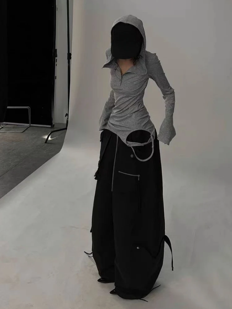 Y2K Aesthetic Hole Hooded Women T Shirt Harajuku Gothic Punk Vintage Button Spring Tops Streetwear Grunge Slim Fit Fairy Tees