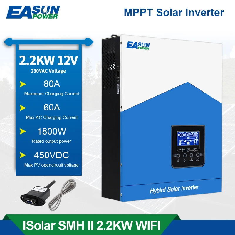 EASUN POWER Hybrid Solar Inverter 12V 1800W 2200VA 220V Pure Sine Wave MPPT 80A 450VDC Off Grid Solar Controller Hybrid Inverter