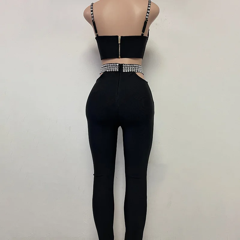 European and American Fashion Bandage New Rhinestone Camisole   Rhinestone Trousers Tight Slimming Temperament Bandage Two-Piece