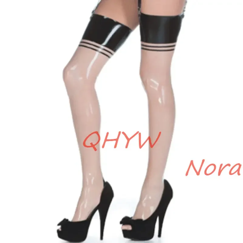 Sexy Long Latex Stockings Black with Transparent Rubber Fetish Socks for Women Wear Cosplay Costumes