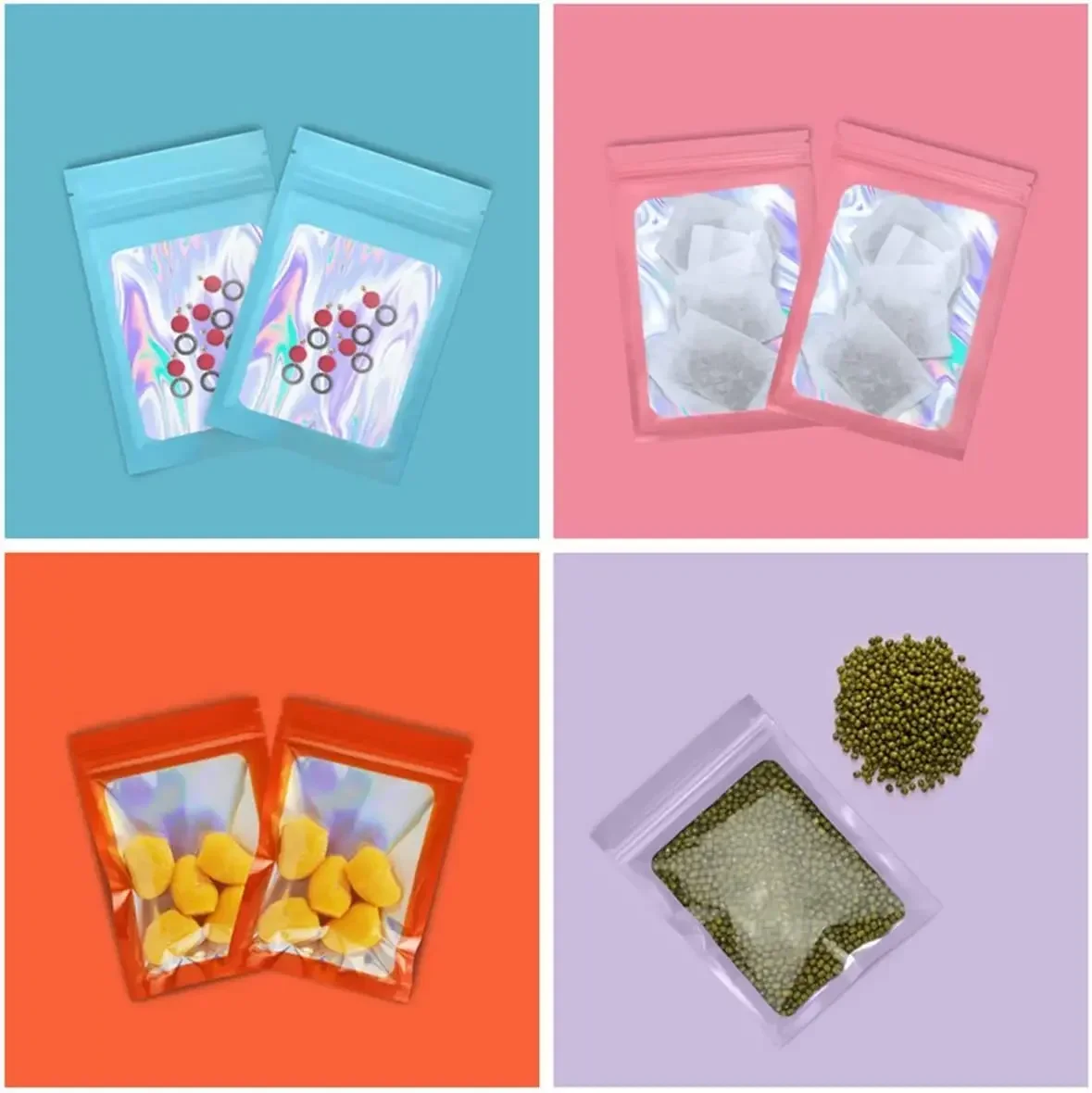 أكياس مايلر السميكة المقاومة للروائح ، لون الليزر ، البلاستيك ، قابلة للإغلاق ، مقاومة للرائحة ، حقيبة مجسمة ، حقيبة بنافذة شفافة ، 50 * #4