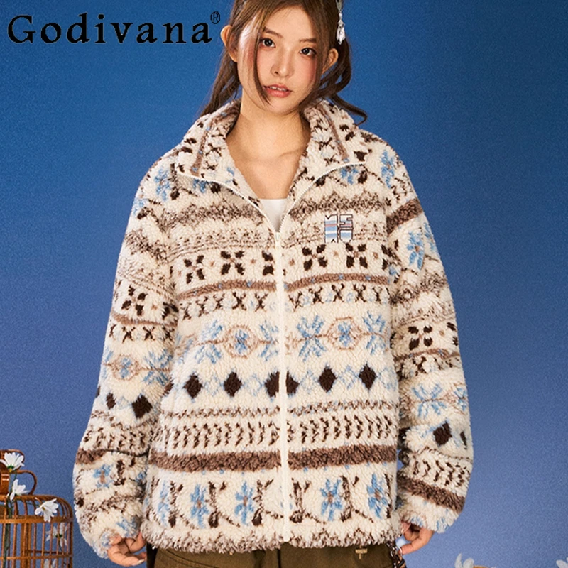 

Japanese Style Jacquard Lamb Wool Jacket Female Warm Stand Collar Padded Jacket Women's Long Sleeve Sweet Lolita Coat