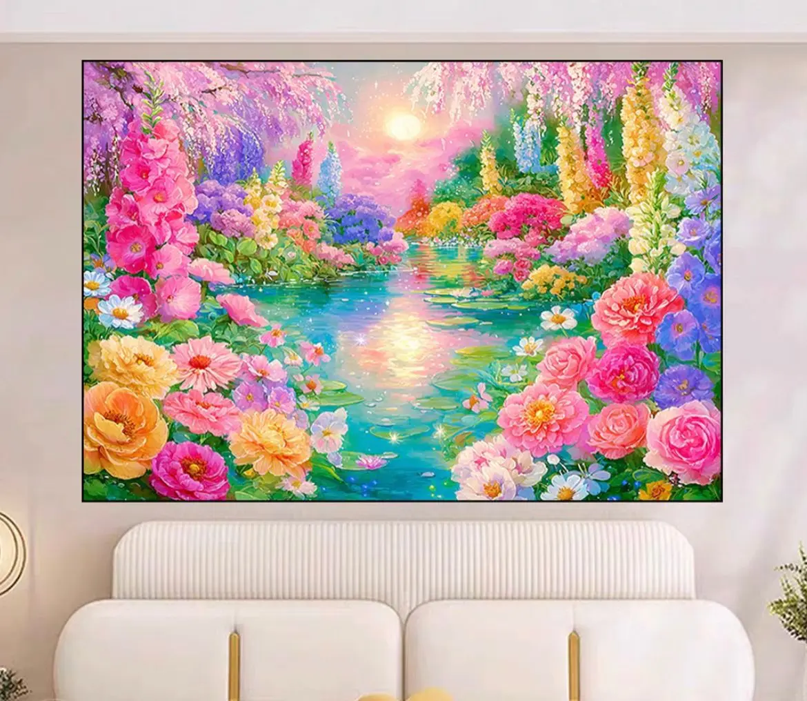 

14CT 9CT Flowers Lake Printed Kit Cross Stitch Embroidery DIY Needlework Set Crafts With Needles Threads