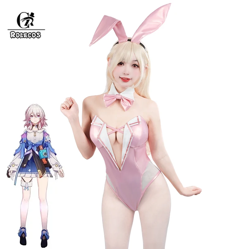 

ROLECOS March 7th Cosplay Costume Honkai Star Rail March 7th Women Sexy Bunny Girl Cosplay Bunny Suit Pink Jumpsuits Uniform