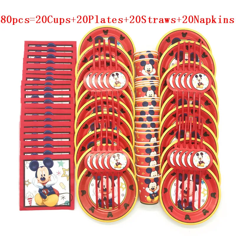 Hot Red Mickey Mouse Theme Disposable Paper Cups Plates Flexible Straws Baby Shower Kid Birthday Napkin Decoration Supplies Set