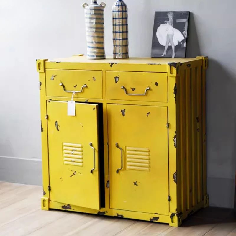 Loft American country bedroom retro wrought iron yellow chest creative store decoration cabinet