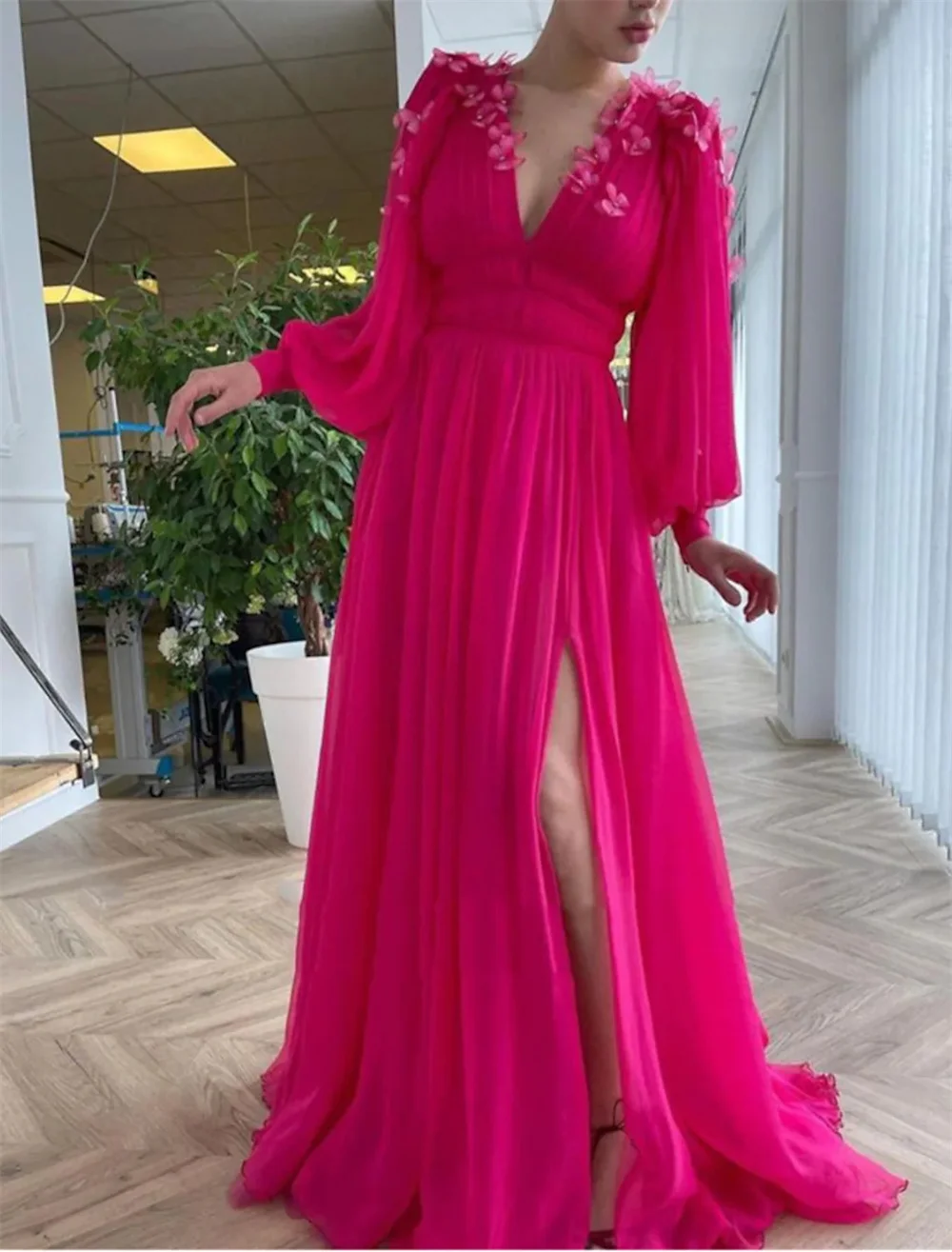 

A-Line Evening Dresses Empire High Split Dress Prom Formal Evening Sweep Brush Train V Neck Long Sleeve Chiffon with Butterfly