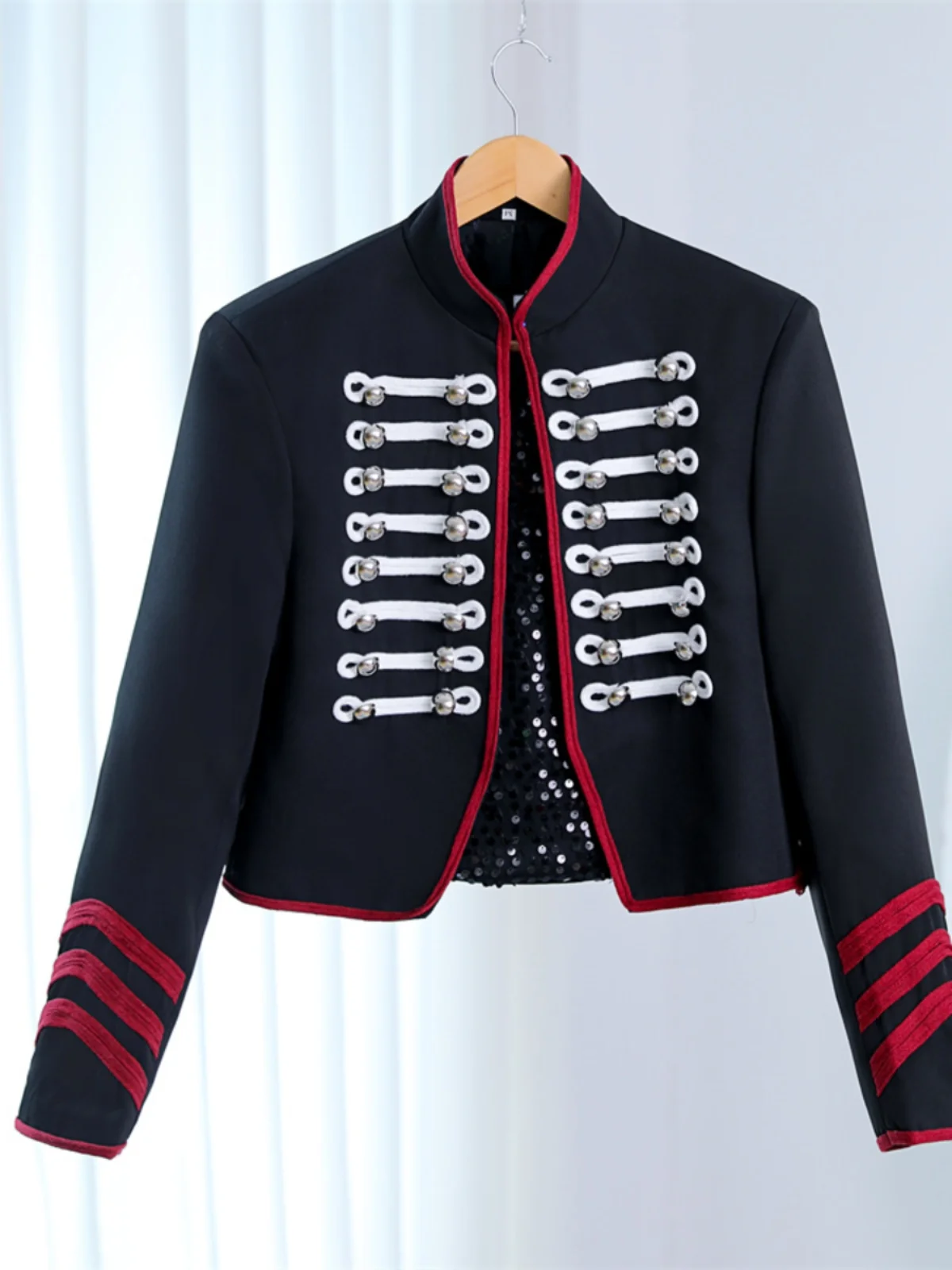 เสื้อสูทลำลองแบบสั้น ปกตั้ง ลายทาง ติดกระดุมผ้า สำหรับนักร้อง นักเต้น ชุดแสดงบนเวที พิธีกร