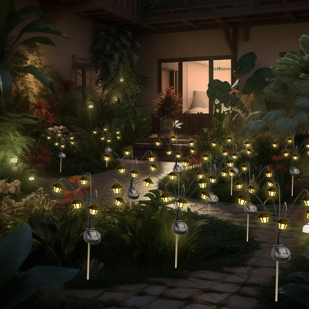 1 قطعة مستشعر ضوء جديد يعمل بالطاقة الشمسية مصباح قصر صغير، 6 طراز LED دافئ عتيق، مصباح حديقة أرضي خارجي، إضاءة مسار حديقة رمضان