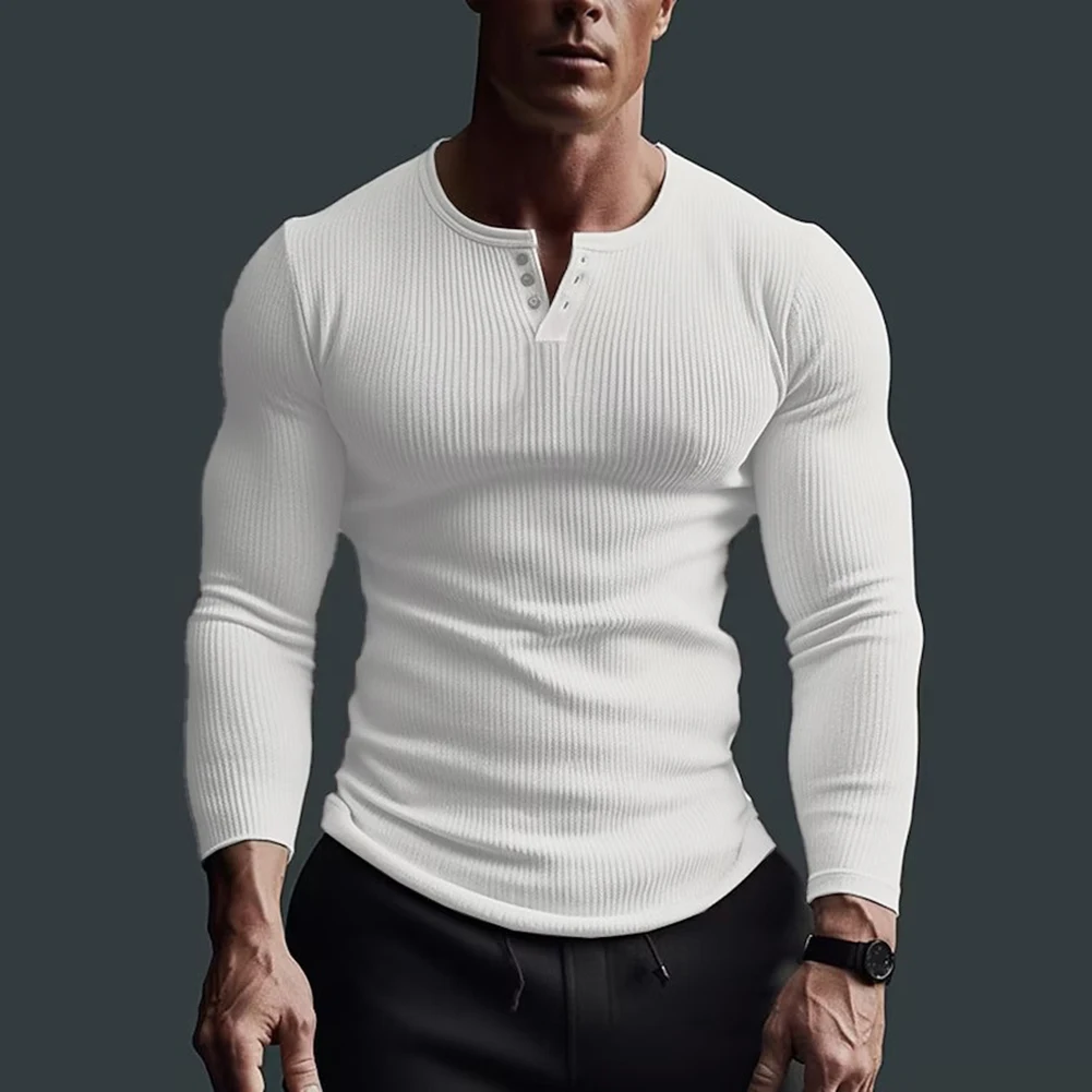 Men\'s Casual Waffle Fitness Muscle T-Shirt Long Sleeve Solid Color Button V Neck Basic Breathable Tops Tees T Shirts Clothing