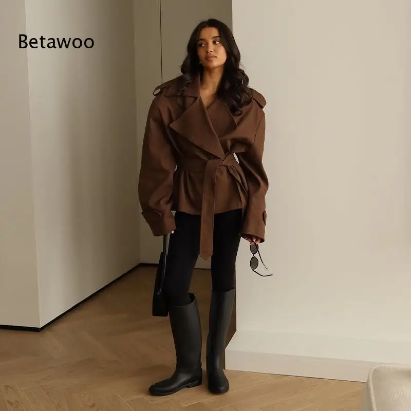 Notched Lapel Belted Waist Cinched Long Sleeve Coat Loose Elegant Commuter Casual Outerwear for Women