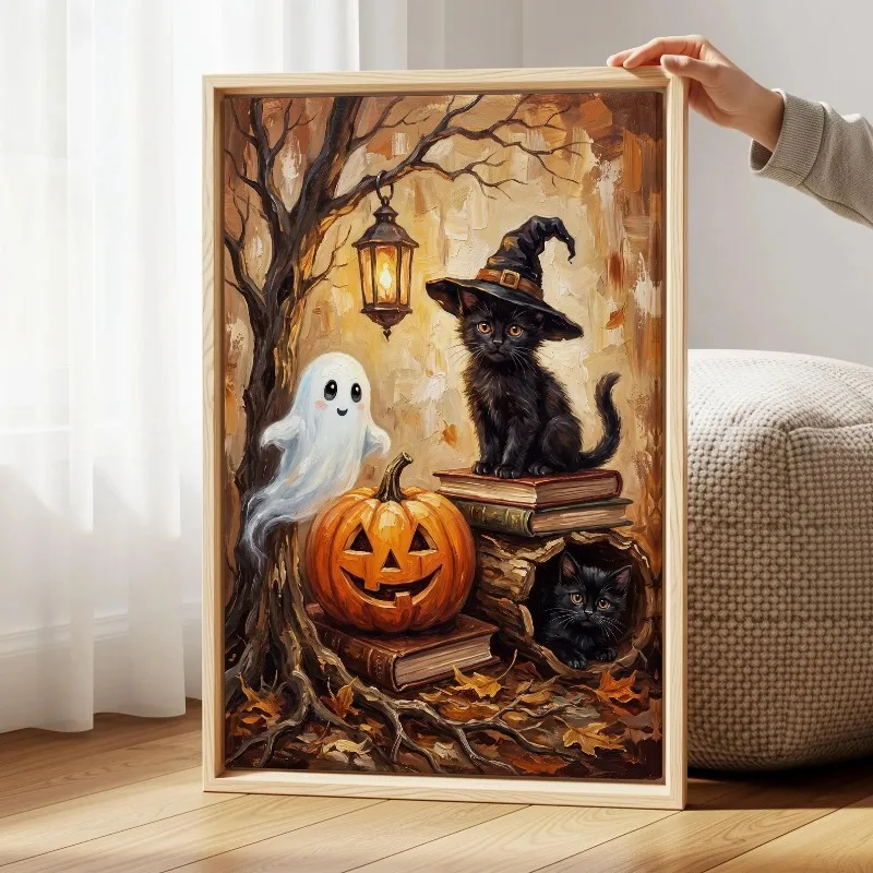 Vintage Autumn Ghost Witch Black Cats Pumpkin Lantern Tree Halloween Canvas Poster Prints Frameless Wall Art Cozy Rustic Decor