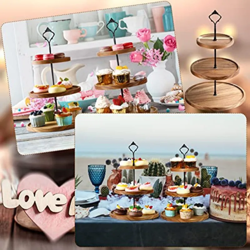 A03F-European Style Wooden Dessert Stand-Elegant Triple-Layer Cake Tray For Home For Shelf Decor