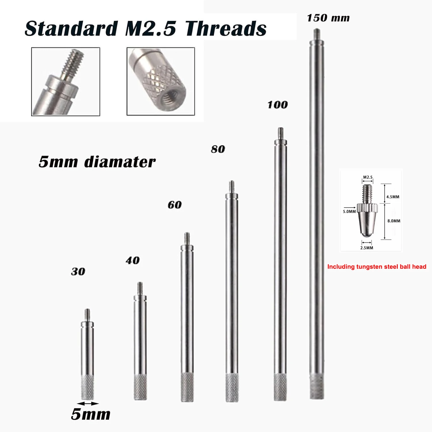 6pcs Dial Indicator Extension Stem Rod 30mm/40mm/60mm/80mm/100mm/150mm Electrical Digital Indicator Extension Stem Rod Set,