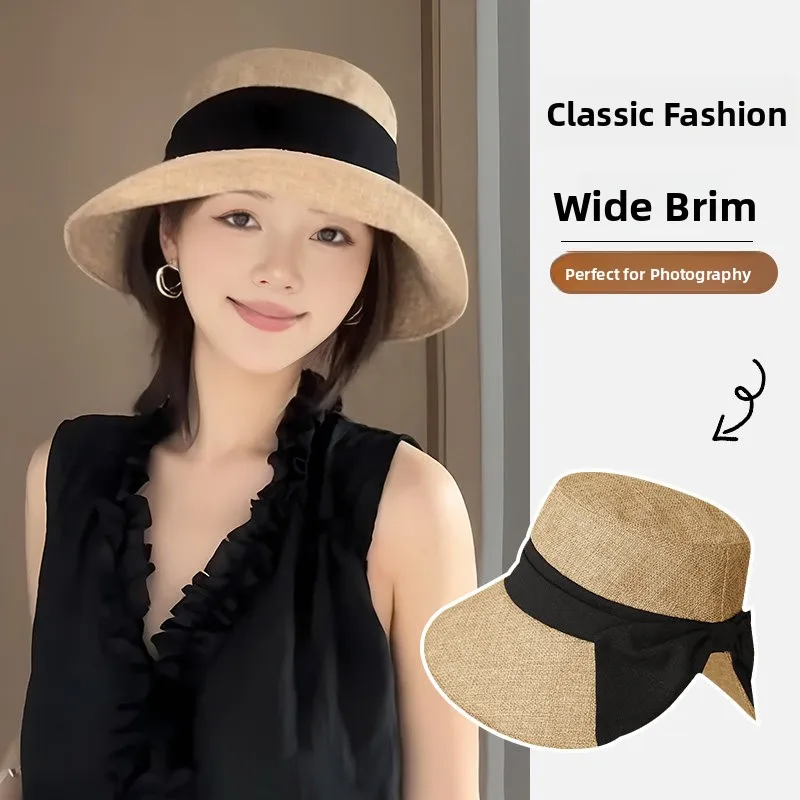 和風コットンリネンフィッシャーマンハット女性夏薄いビーチ砂浜日焼け止め小さな結び目サンハット