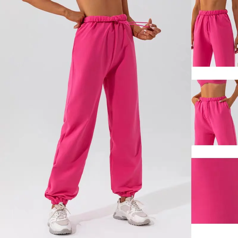 Yoga sports pants with brand logo women pleated waist ninth slacks draw elastic waist wide leg trousers with pockets sweatpants