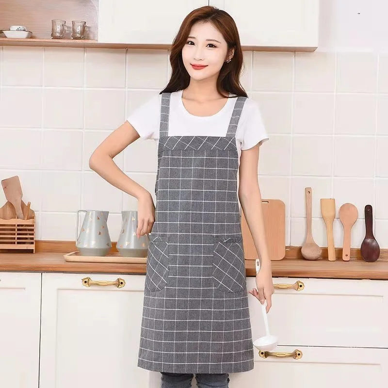 Plaid suspenders apron cotton women fashion soft breathable apron cooking in home kitchen