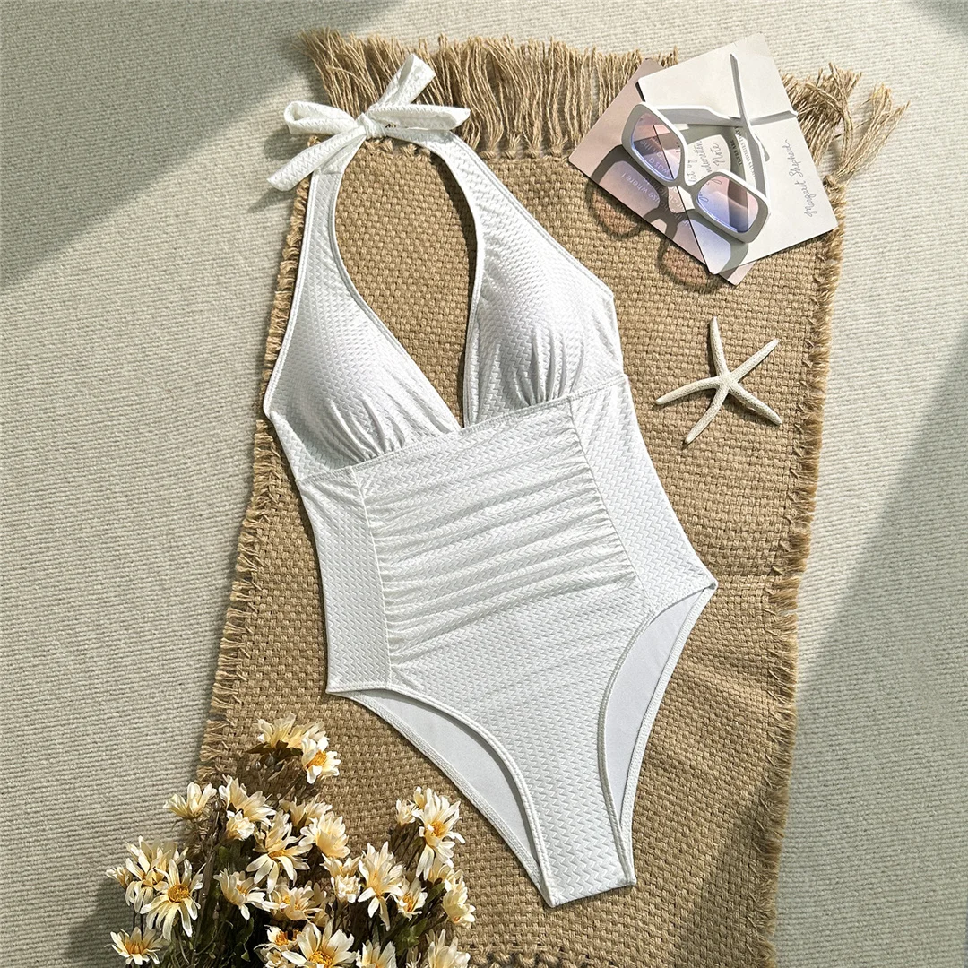 V-Ausschnitt, Neckholder, geraffter Einteiler-Badeanzug, Damen-Bademode, rückenfreier Monokini, hoher Beinausschnitt, Badeanzug, Badebekleidung, V7568 – Detail 14