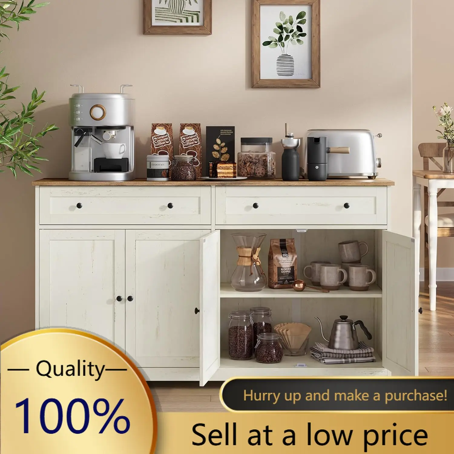 Buffet Cabinet, Sideboard, 4 Doors, 55.1 x 15.8 x 31.5 Inches