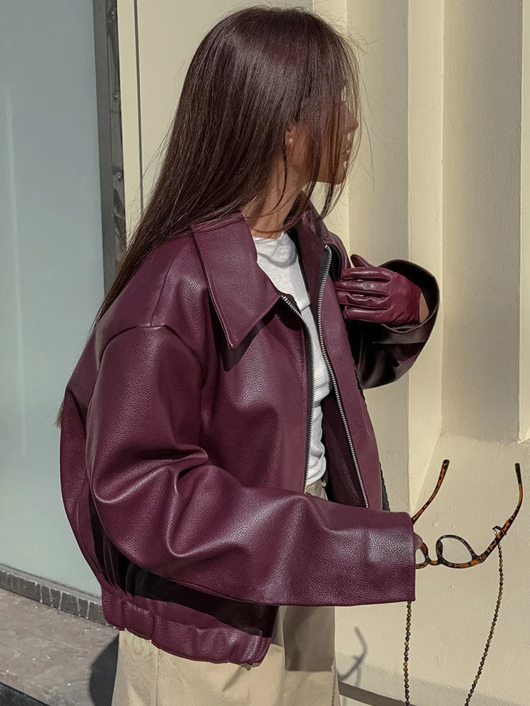 Women\'s Wine Red Leather Motorcycle Jacket, Long Sleeve Pu Coat, Vintage Pockets, Zipper Closure Lady Outwears, Street Style