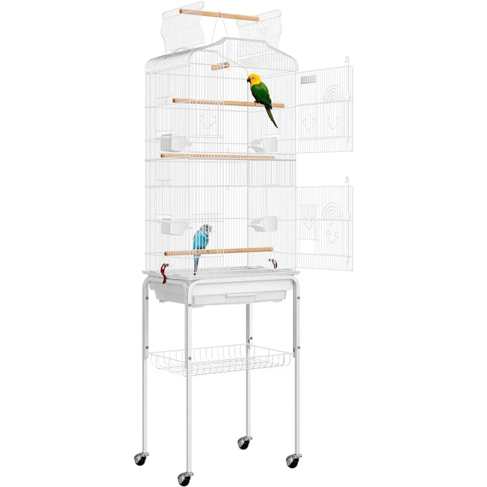 

59.8 Inch Wrought Iron Bird Cage With Play Top and Rolling Stand for Parrots Conures Lovebird Cockatiel Parakeets White Parrot