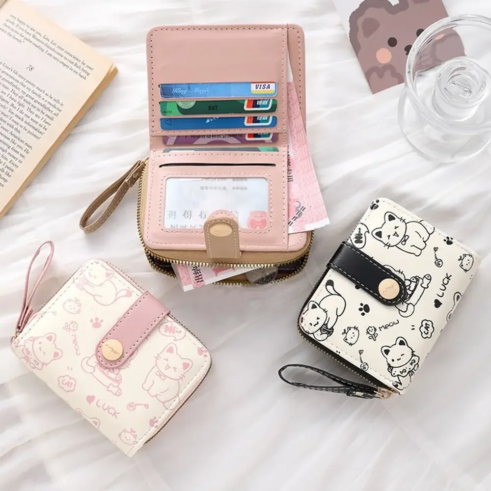 Dompet Koin Kucing Lucu Dompet Pendek Fashion Wanita Dompet Kapasitas Besar Kulit PU Tas Koin Uang Tunai Perjalanan Tempat Kartu ID Ringan