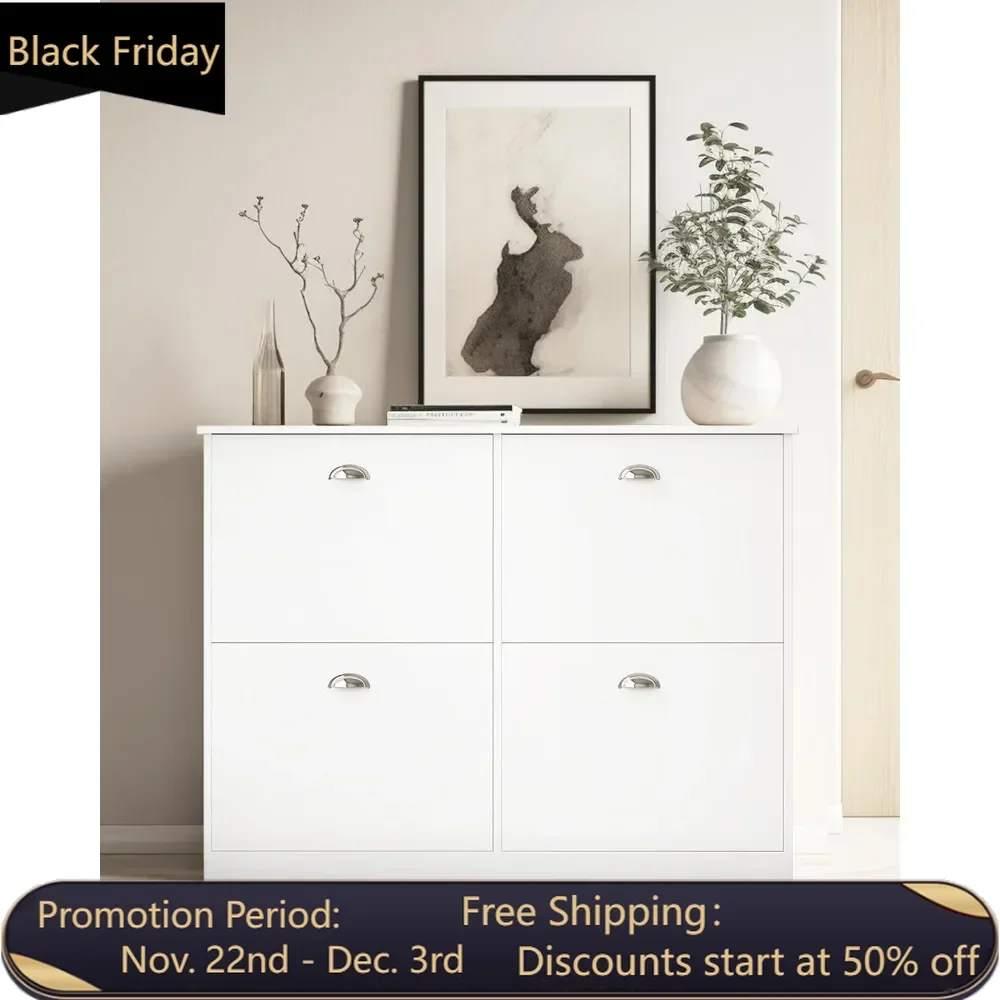 Shoe cabinet, concealed ultra-thin narrow shoe rack cabinet with 4 drawers, used for entrance, hallway, bedroom, white