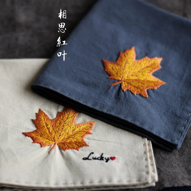 Chinese Style Maple Leaf Embroidery Diy Handkerchief Material Kit Hanfu Match 100% Cotton Unisex Absorbent Portable Hanky For