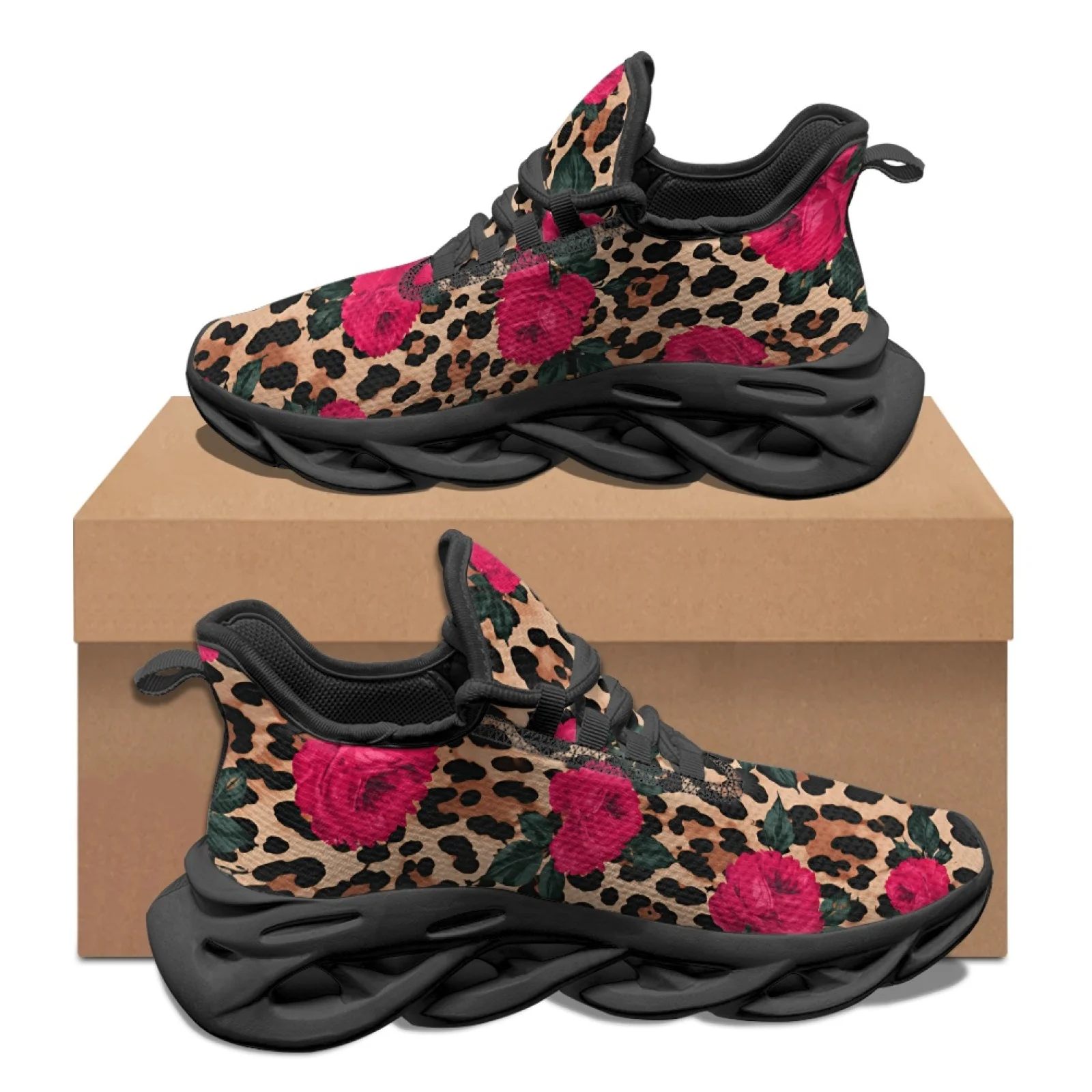 PENSTROLL Leopard Rose Print Athletic Sneakers, Lightweight Durable Fashion Sneakers for Men and Unisex Daily Sports Walking