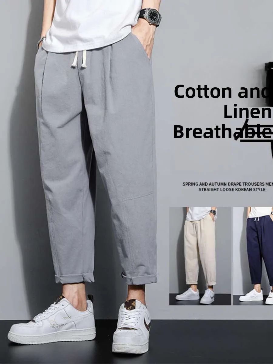 

New Summer Men's Casual Loose Cotton Linen Nine-Piece Pants Thin Large Size Straight Leg Retro Trousers High Waist Long Trousers