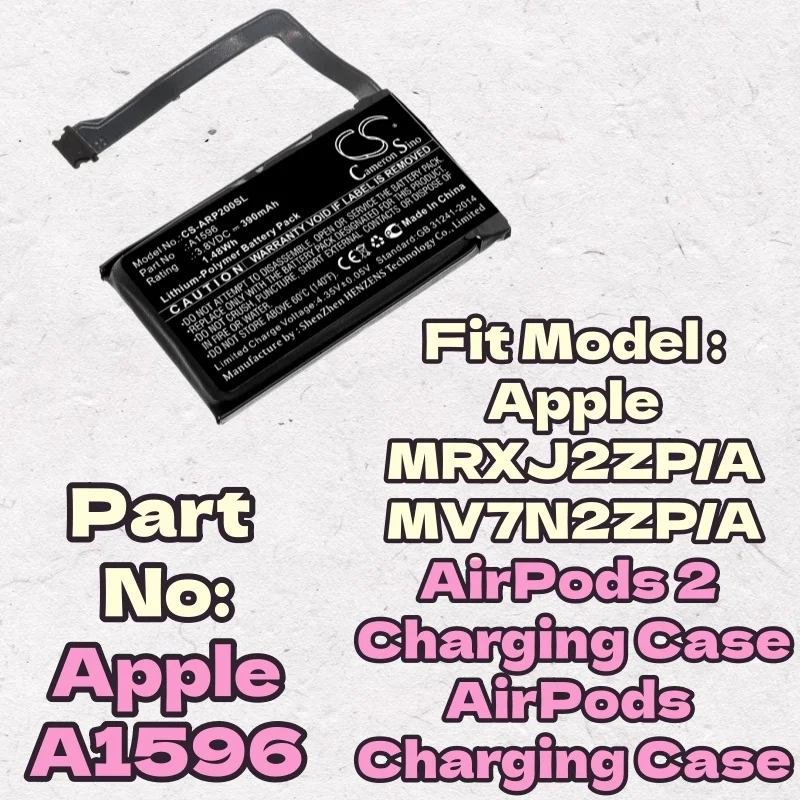 3.8V 390mAh Wireless Headset battery A1596 for Apple MRXJ2ZP/A, MV7N2ZP/A, AirPods 2 Charging Case, AirPods Charging Case +TOOL